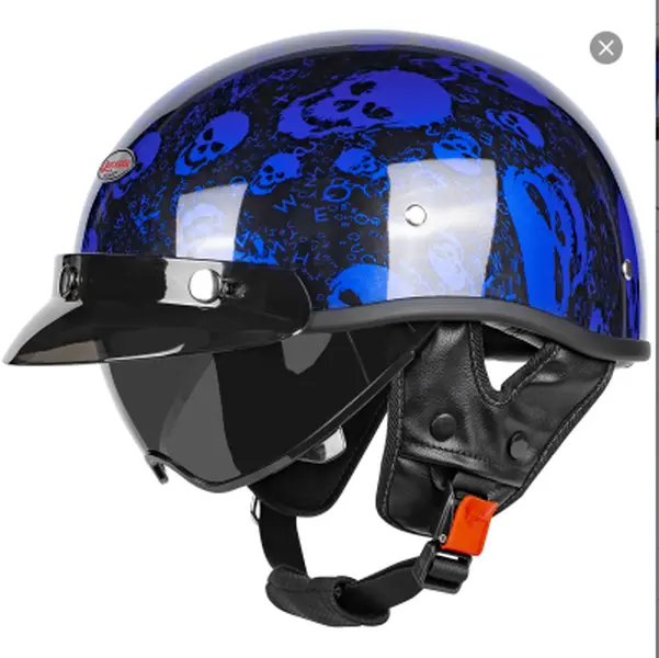 KAESE DOT Approved Hard-Shelled Protective Decal Skull Graphic Half Helmet, Retro Open-Face Motorcycle Helmet with UV Rays Drop-Down Sun Visor & Quick-Release Buckle, Uv Rays Visor, Decal Half Helmets