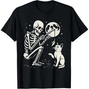 1pc Halloween Moonlit Skeleton Cat Funny T-shirt | Soft Fabric + Skeleton Cat + Moon Print | Loose Unisex Style | All Ages | Halloween Parties/Daily Outings | Balances cuteness & horror, solves single-style issue