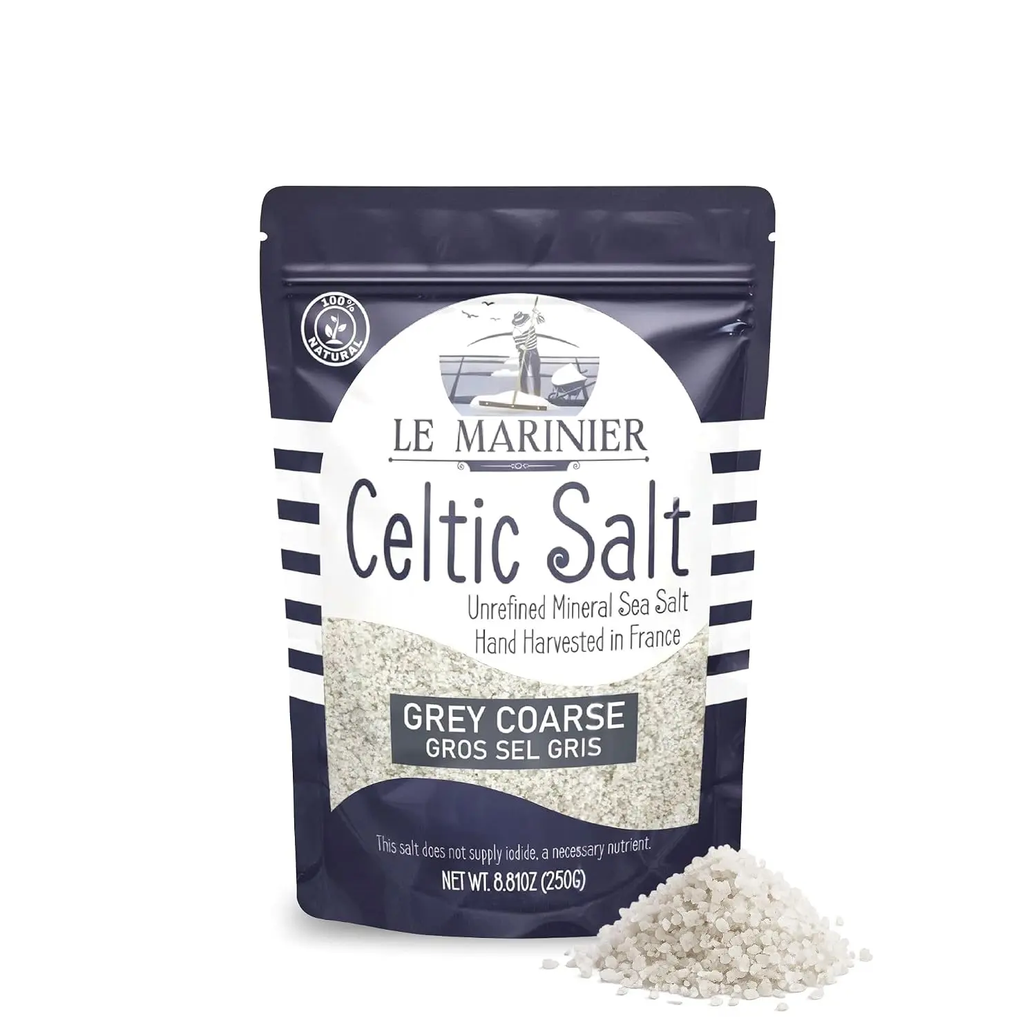 Le Marinier Celtic Sea Salt Organic Grey Coarse 0.6 lb (8.81 oz), French Hand Harvested Sel Gris, 100% Natural Unrefined Mineral Rich Sea Salt