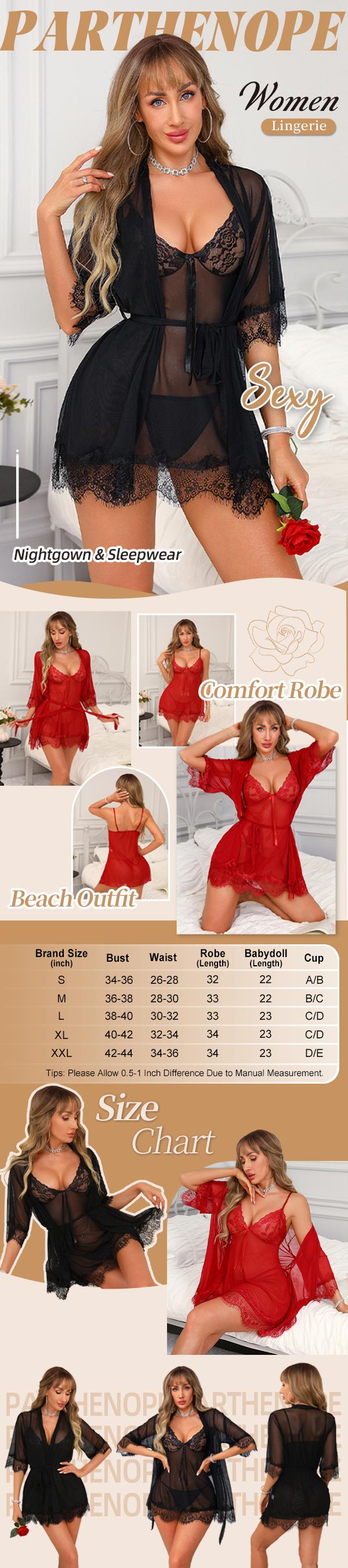 Parthenope Women Sexy Lingerie Set Lace Kimono Robe Babydoll Sexy Lingerie  Mesh Chemise Sleepwear Nightgown