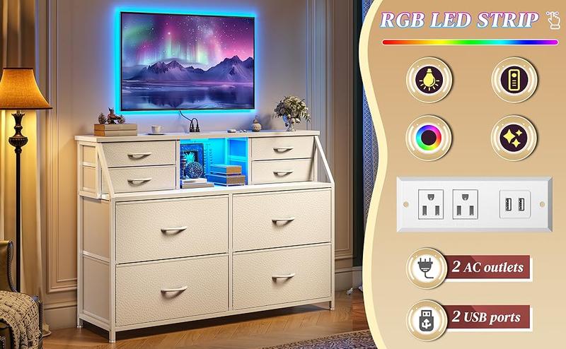 【Vanity sideboard】Raybee 8 Drawers Mini Dresser for Bedroom,Dorm & Attic's Dresser with Built-In Charging Station and LED, Sturdy Chest of Drawers with Two Open Shelves for Storage,Hides all your clutter to keep you organized & your vibe on point