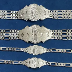 925 Sterling Silver Saint Jude & Virgen de Guadalupe Figaro ID Bracelets – Single Line / 3 Line