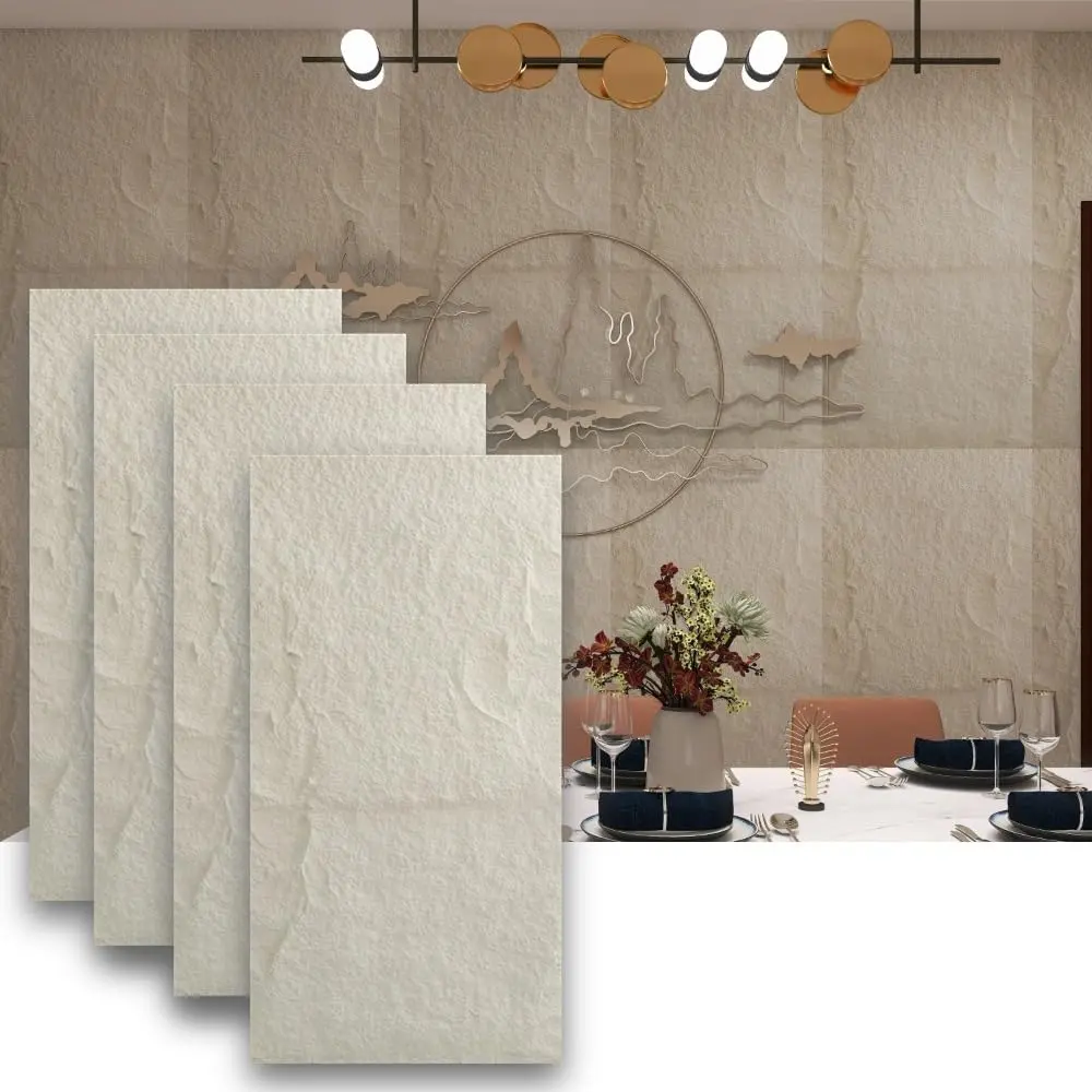 4-Pack Self-Adhesive Waterproof 3D PU Faux Stone Wall Panels, White Interior Decor Accent Tiles for Interior Walls, 47.24"x23.62"x(0.6"-1.18"), Lightweight 3D Design sohochic