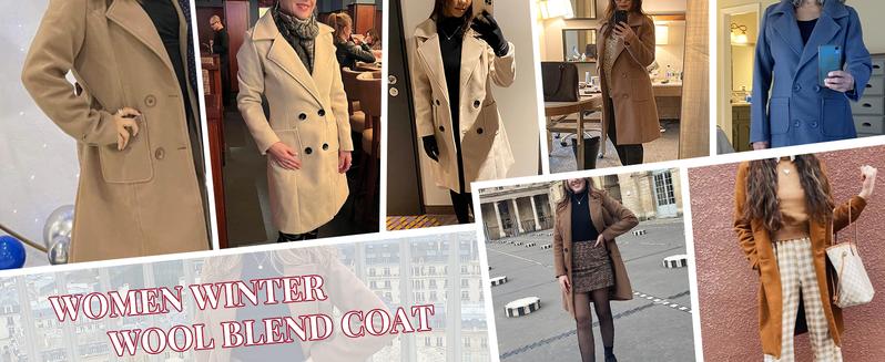 Kingapril Women Winter Wool Blend Camel Mid-Long Coat Notch Double-Breasted Lapel Jacket Outwear Womenswear Button