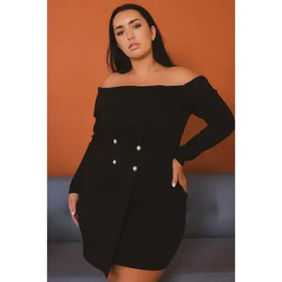 plus size black blazer dress Black Warm Cotton Flannel Fit and Flare Knee Length Blazer Dress 28