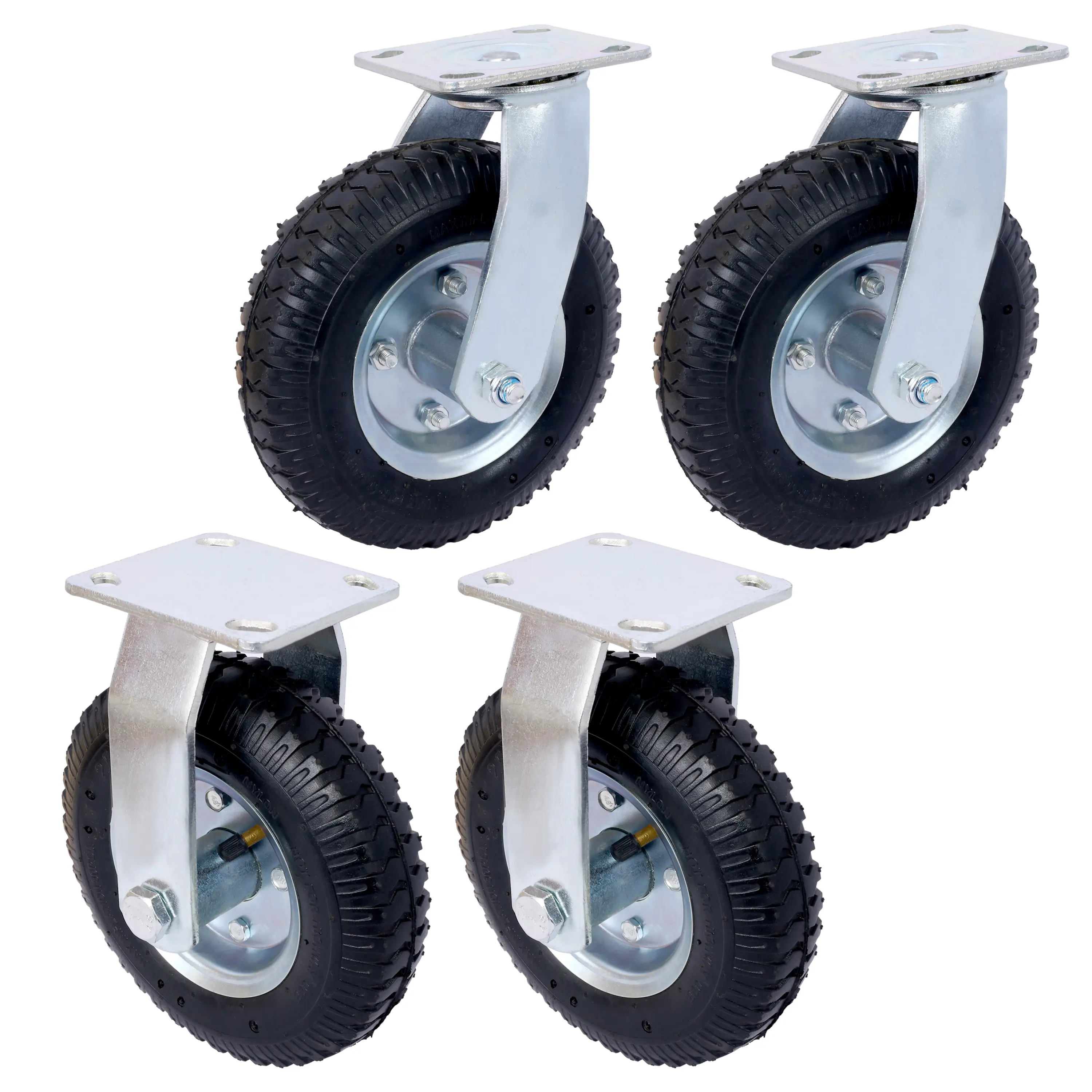 4PCS 8-Inch Diameter Metal Pneumatic Tire Casters (2 Swivel + 2 Rigid) - Black Hardware, Steel Hub with Ball Bearings, 5/8-Inch Centered Axle, Swivel Plate, 220-Lb High Load Capacity, Enhanced Traction, Indoor Outdoor Cushioned Ride, Furniture Moving Whee
