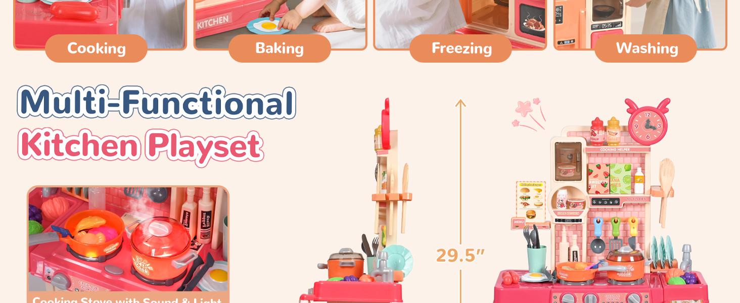 cossy Kids Play Kitchen,Toddler Kitchen with Sound and Light,Cooking Stove with Steam,Play Food Toy and Kitchen Accessories,Play Kitchen for Toddlers,Pink cossy Kids Play Kitchen,Toddler Kitchen with Sound and Light,Cooking Stove with Steam,Play Food Toy and Kitchen Accessories,Play Kitchen for Toddlers,Pink