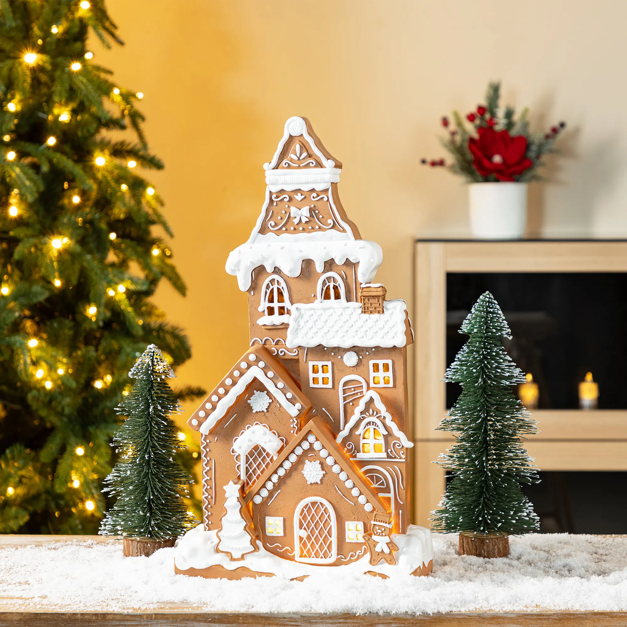 Glitzhome 17.75"H Christmas Lighted Resin Gingerbread House Table Decoration, Handcrafted w/Candy Accents, Timer Function, Batteries Not Included, Festive Style Christmas Decor, Led Decoration, Party Decorations
