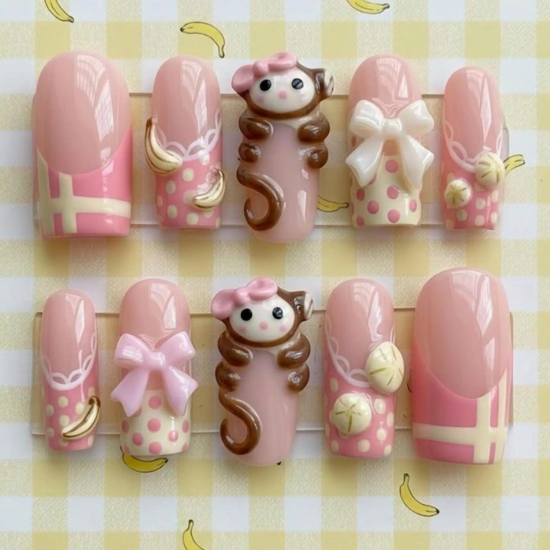 3D Monkey Press On Nails, Pink Banana French Design, Polka Dot Bow Accent, Kawaii Handmade Nail Set, Cute Reusable Everyday Manicure