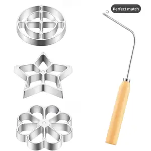 4-piece pancake and cookie press mold with handle rosette maker - rosette cookie bunuelos tool - aluminium cast waffle molds set with 3 interchangeable heads - star flower circle for kitchen baking, cooking, housewares.
