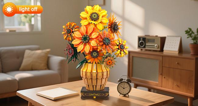 Sunflower Building Set with Lights Vase Base, Flowers Botanical Collection Building Block Home Decor, 1180PCS Art Flower Bouquet Bonsai Plant Building Kit Gift for Adults Teens Girls Boys 12+