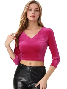 INSPIRE CHIC Velvet Blouse V Neck 3/4 Sleeve Solid Vintage Crop Top
