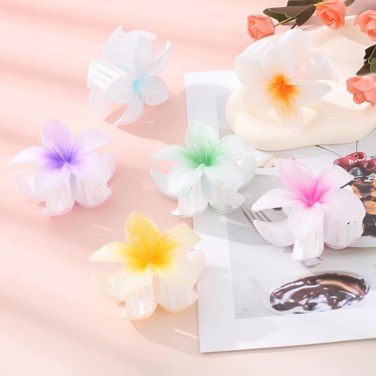 AWAYTR Hawaiian Frangipani Flower Hair Claw Clips for Women Girls 6Pcs/Set Plumeria Hair Clips for Thick Thin Hair Holiday Hair Accessories