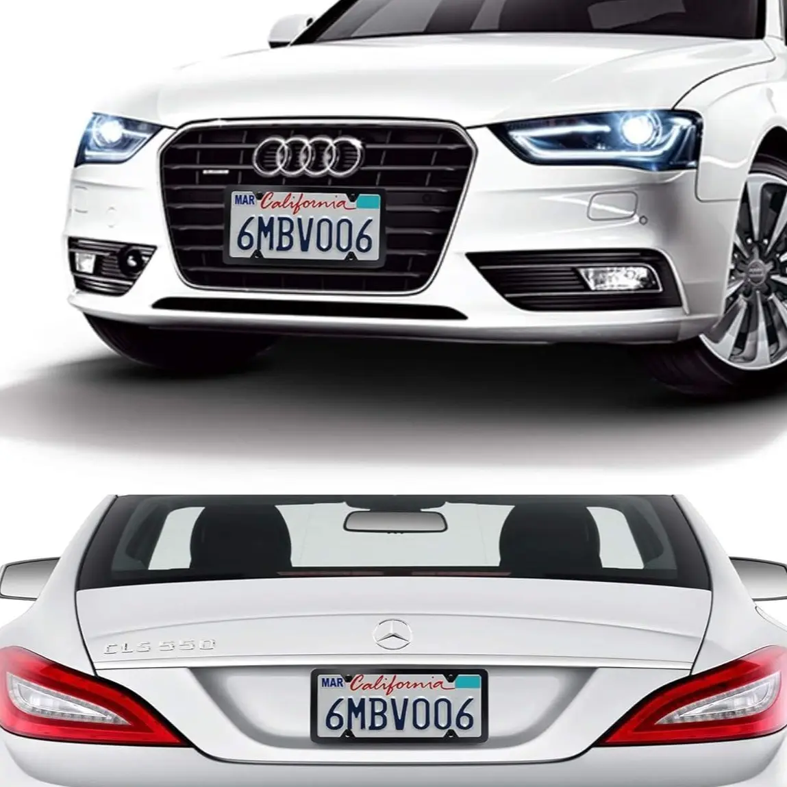JOYTUTUS 2-Pack Automotive License Plate Frames, 4-Hole Mock Carbon Fiber Plastic Holders with Screws, Chrome Stainless Steel Silver Vehicle Protector Auto Replacement Parts (Front & Rear Compatible)