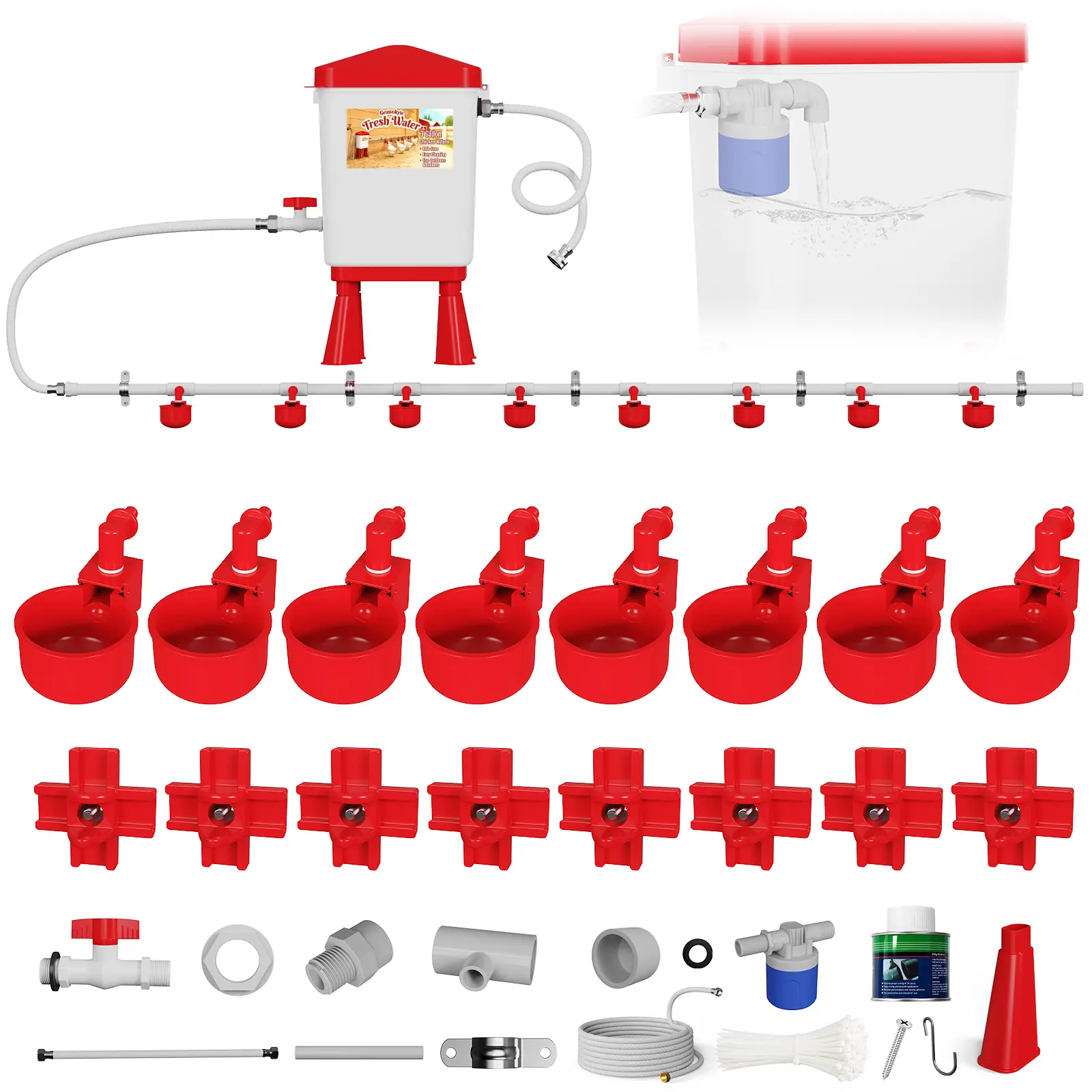 Geawokyie Automatic Chicken Waterer Bucket Kit with Poultry Nipples and Drinking Cups, Float Control Chicken Water Dispenser with Replaceable Drinking Ports, Hose, Filter and Stand for Chickens, Ducks, Hens, Turkeys, Backyard Coop and Farm