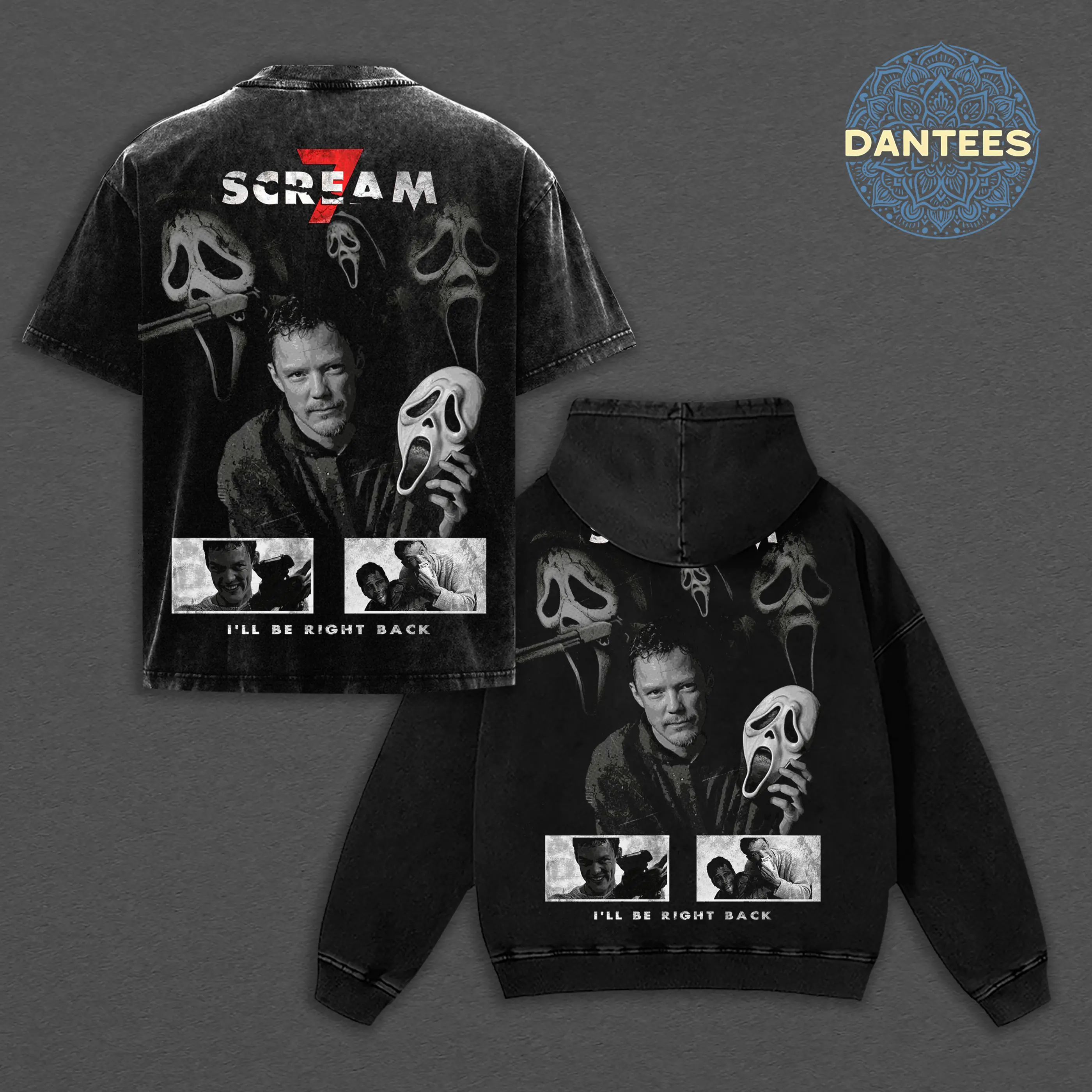 Scream 7 Stu Macher Matthew Lillard Graphic Tee Vintage Washed Oversized T-Shirt Hoodie Horror Movie Merch Ghostface Retro 90s Streetwear Aesthetic Unisex I'll Be Right Back Top Horror Fan Gift