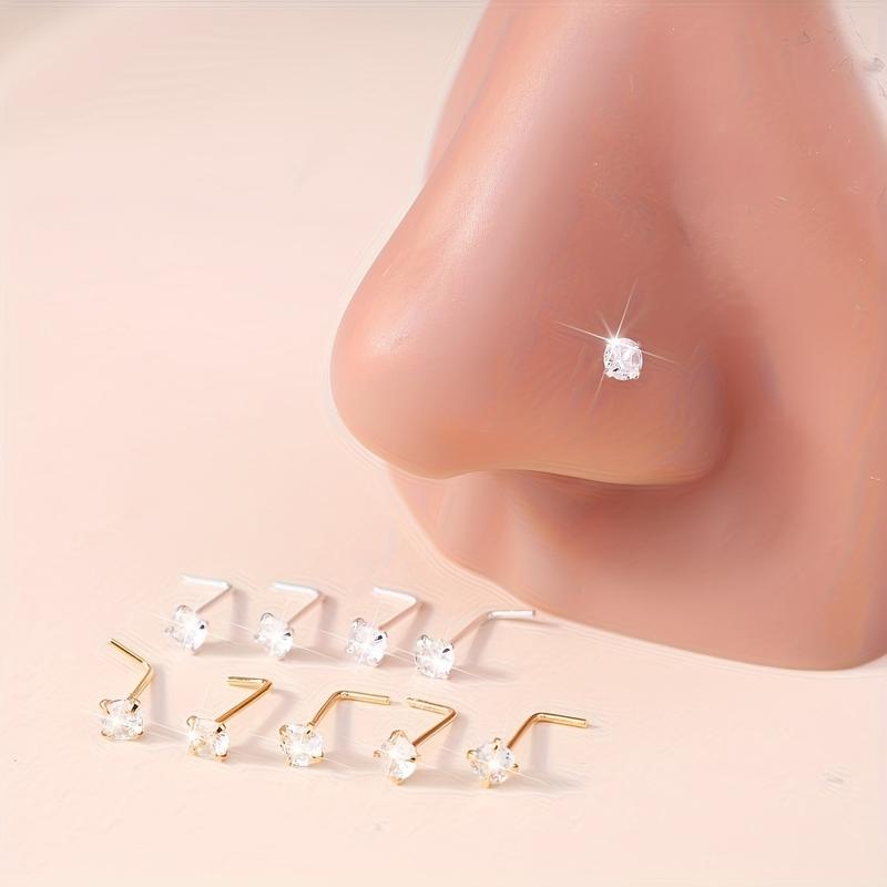5Pcs Classic Golden/Silvery Nose Rings Ear Studs Boho L-shaped Nose Nostril Piercing Body Jewelry Women 3mm Shiny Cubic Zirconia Nose Screw Ear Stud Ring L-shaped Nose Stud Set