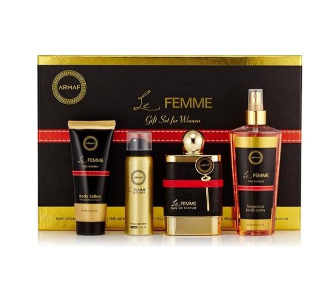 LE FEMME by Armaf 4pc Gift Set for Women - 100ml EDP Spray, 250ml Body Spray, 100ml Perfumed Body Lotion, 50ml Deodorant LE FEMME by Armaf 4pc Gift Set for Women - 100ml EDP Spray, 250ml Body Spray, 100ml Perfumed Body Lotion, 50ml Deodorant