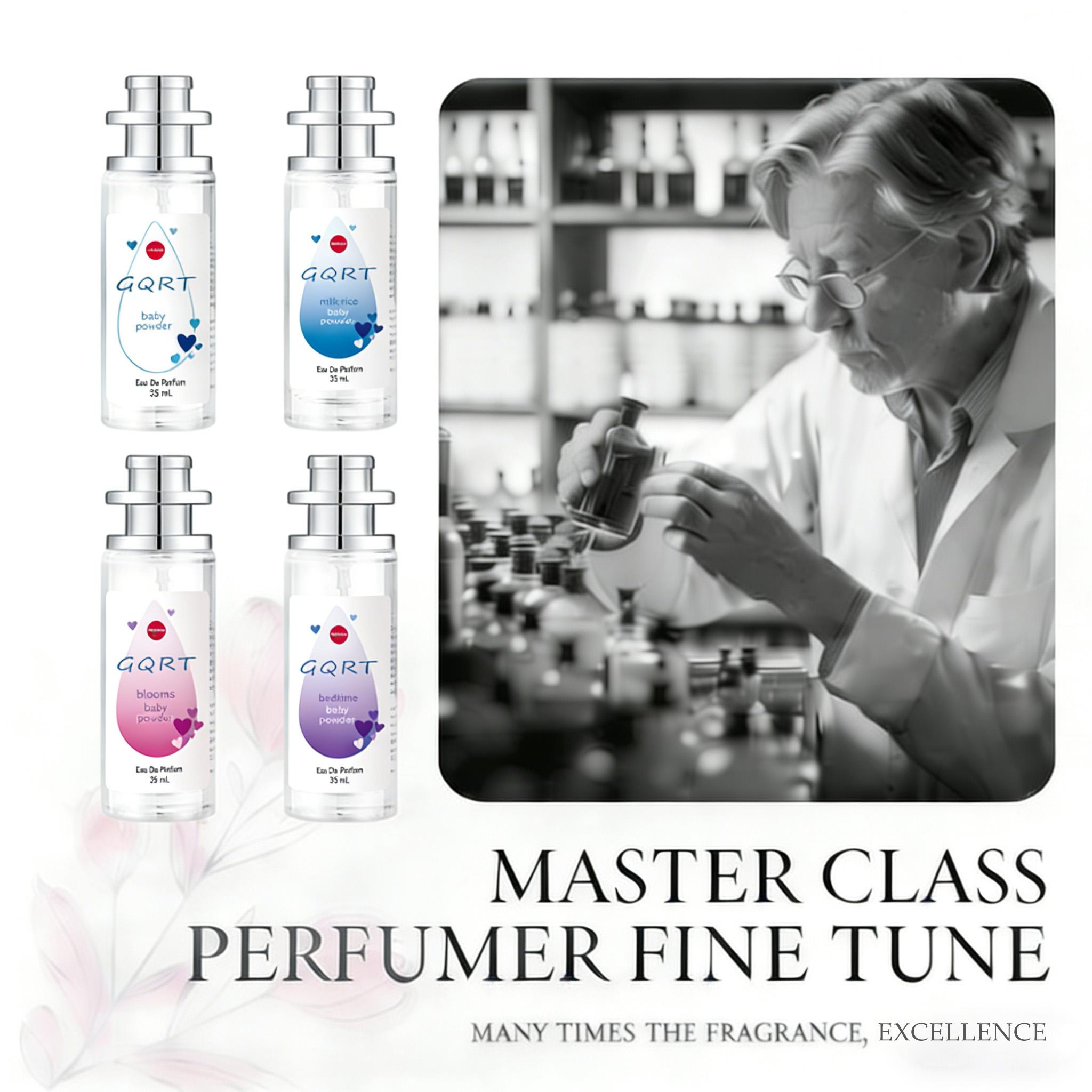 GQRT Baby powder perfumes - 4-Piece Gift Set - Long Lasting Clean Girl Fragrance Bundle - Mini Floral Vanilla Travel Size Scents for Women - Perfect Birthday Present