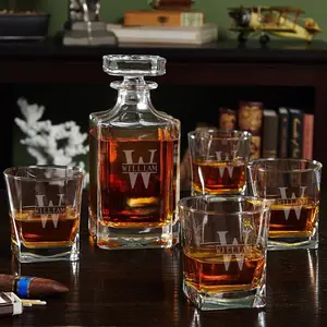 Personalized Whiskey Decanter Set with 4 Square Rocks Glasses - Engraved 5-Piece Gift Box Available Safe Non-Toxic Lead-Free Glass