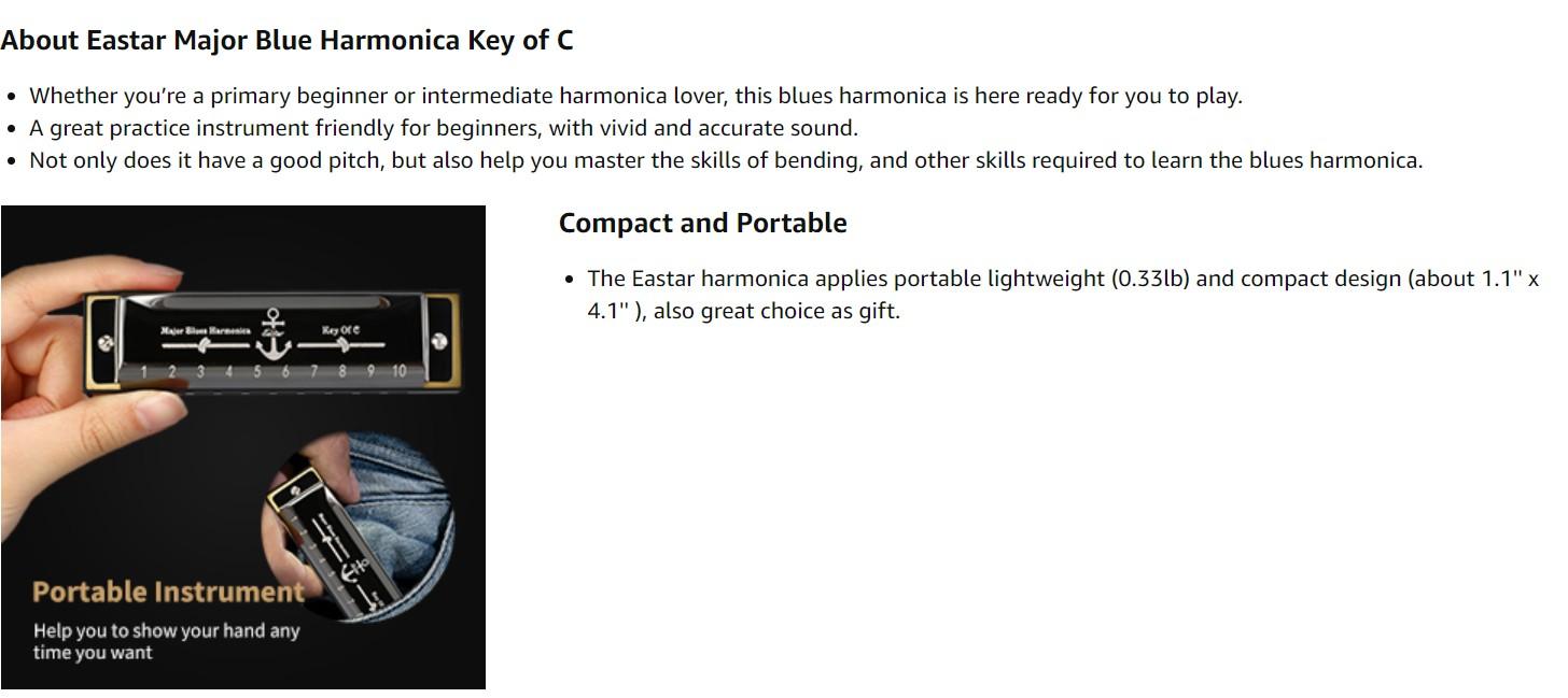 Eastar Major Blues Harmonica, 10 Holes C Key Beginner Harmonica for Kids Children Adults Students, with Hard Case and Cloth, Black Eastar Major Blues Harmonica, 10 Holes C Key Beginner Harmonica for Kids Children Adults Students, with Hard Case and Cloth, Black