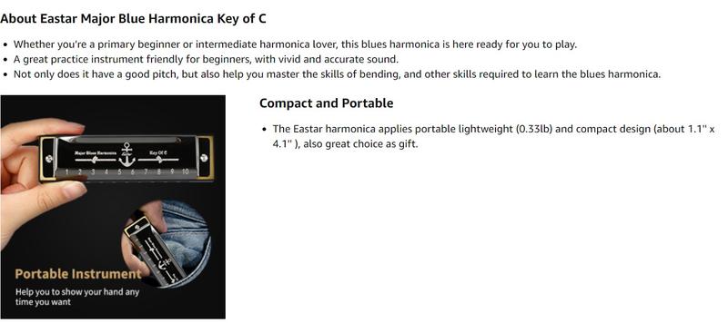 Eastar Major Blues Harmonica, 10 Holes C Key Beginner Harmonica for Kids Children Adults Students, with Hard Case and Cloth, Black