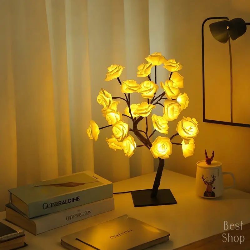 2025 Valentine's Day pink rose artificial tree light, Pink square-bottom rose lamp LED luminous desktop decoration, romantic bedroom night light, wedding decoration, proposal gift Valentine's Day Pink Rose Light Tree