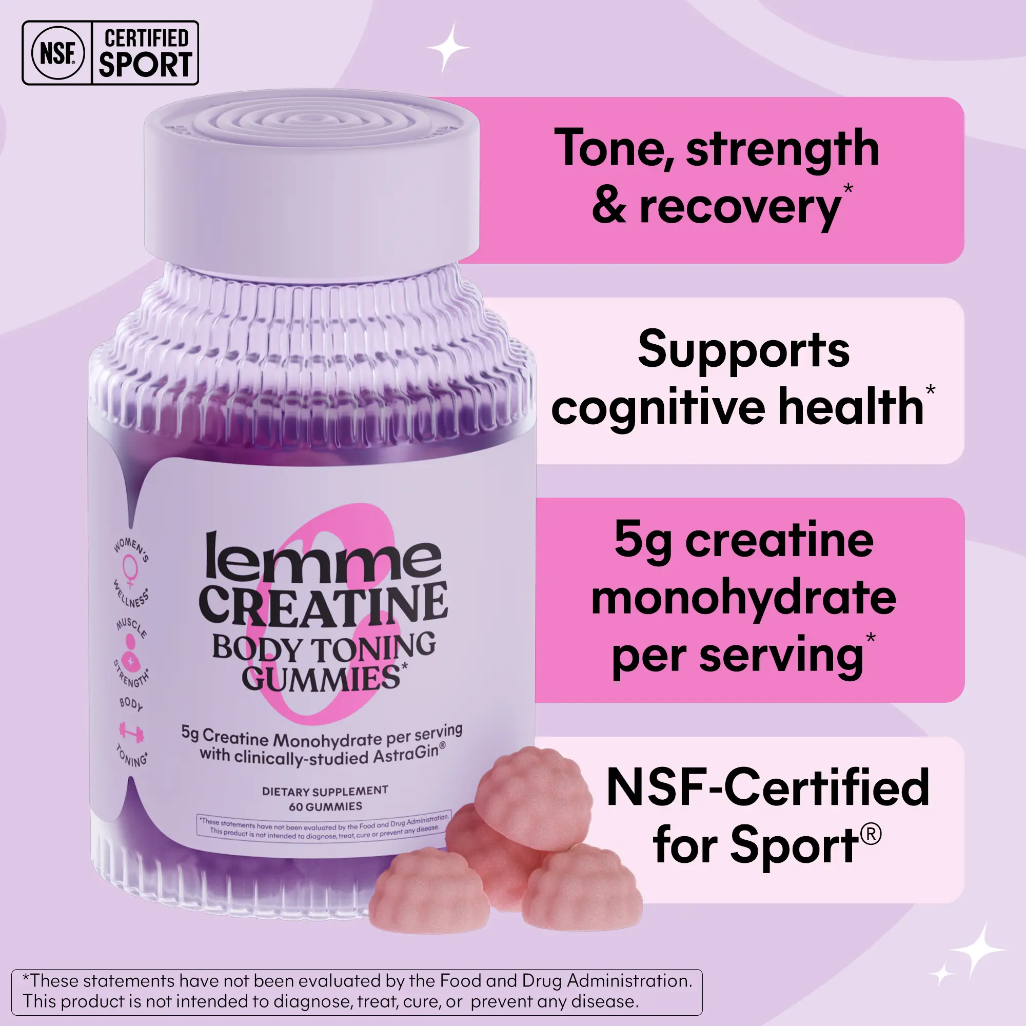Lemme Creatine Monohydrate Gummies for Women and Men, 5g Dose to Support Lean Muscle, Strength, Recovery, Cognitive Health, w/Ginseng for Absorption, Sour Strawberry, NSF Certified, 60 Gummies
