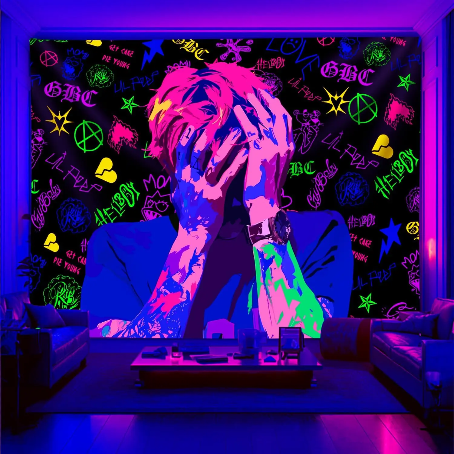 Lil Peep Blacklight Wall Tapestry, Rapper UV Hip Hop Star Music Poster, Lightweight Home Decor for Bedroom Indoors, Wall Hanging Room Accessory