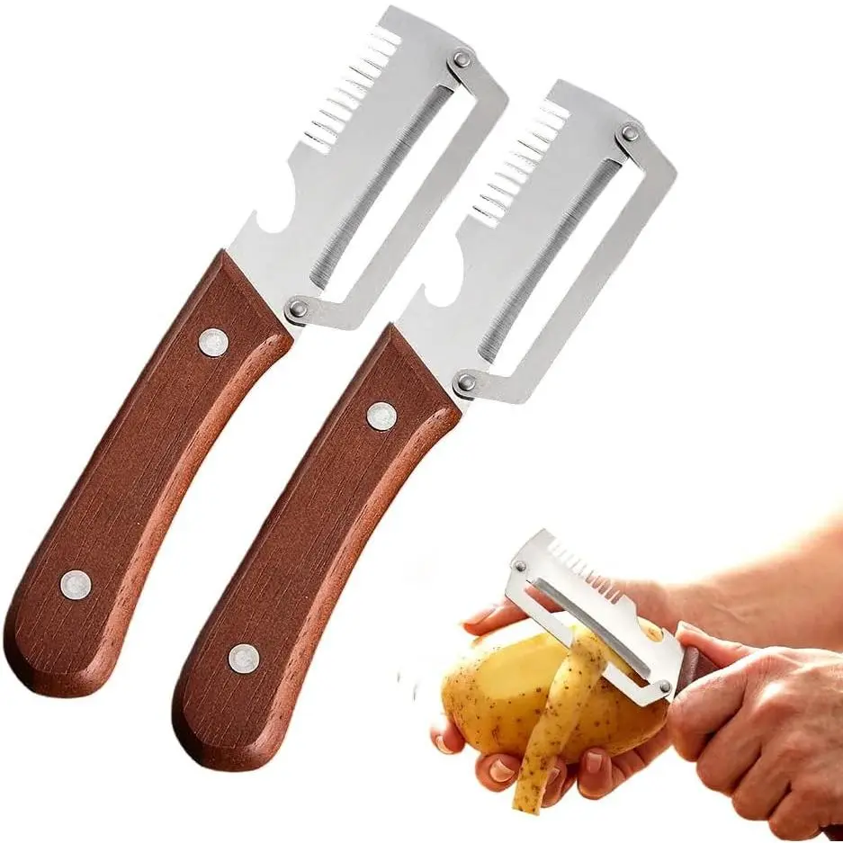 2-Piece Veggie Peeler Set - Manual Multi-Purpose Inclined Ultrasharp Blade Peelers with Wooden Handle, Bottle Opener for Kitchen Vegetable Fruit Utensils