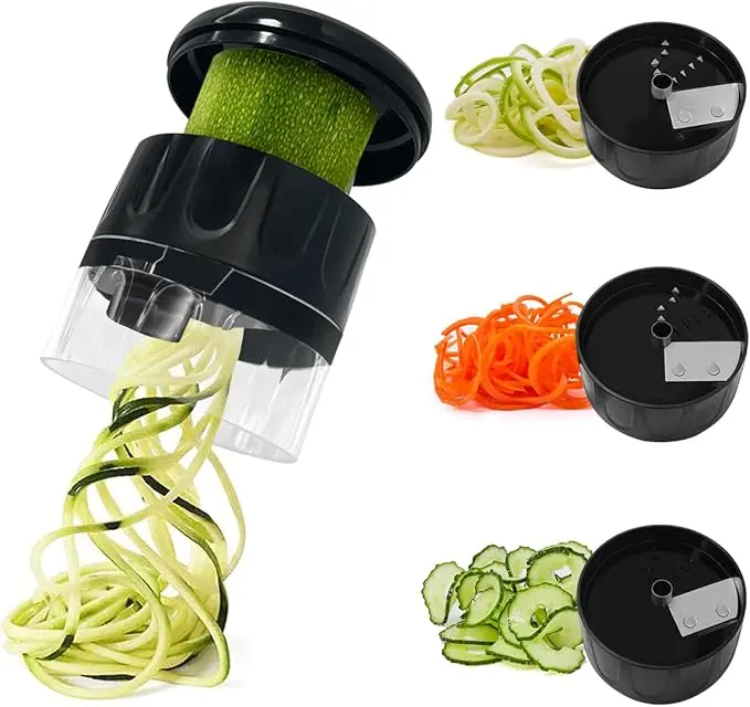 Black 3-in-1 Non-Slip ABS Vegetable Spiralizer - Cutter, Noodle Maker with 3 Modes, Pocket-Sized Stainless Steel Adjustable Kitchen Utensil, Minimal Space, Safe, Making Low Carb Veggie Noodles, Maximize Your Yield (Zucchini, Cucumber), Non-Slip Cover, Saf