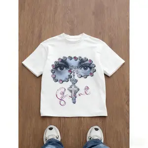 Men's Loose Fit Graphic Print T-Shirt, Y2K Style, Gem Embellished Eye Cross Pattern, All-Season Casual Wear, Unisex Street Fashion Streetwear