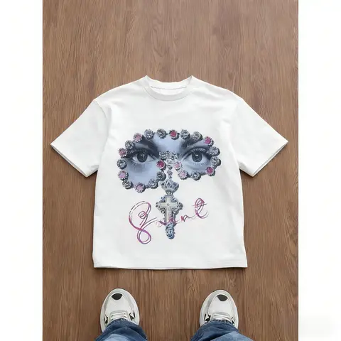 Men's Loose Fit Graphic Print T-Shirt, Y2K Style, Gem Embellished Eye Cross Pattern, All-Season Casual Wear, Unisex Street Fashion Streetwear