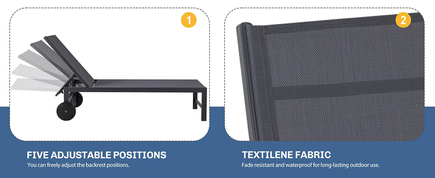 Walsunny Patio Lounge Chairs, Outdoor 2 Pieces Texilene Furniture With Wheels, Ergonomic Design, Folding Adjustable, Black