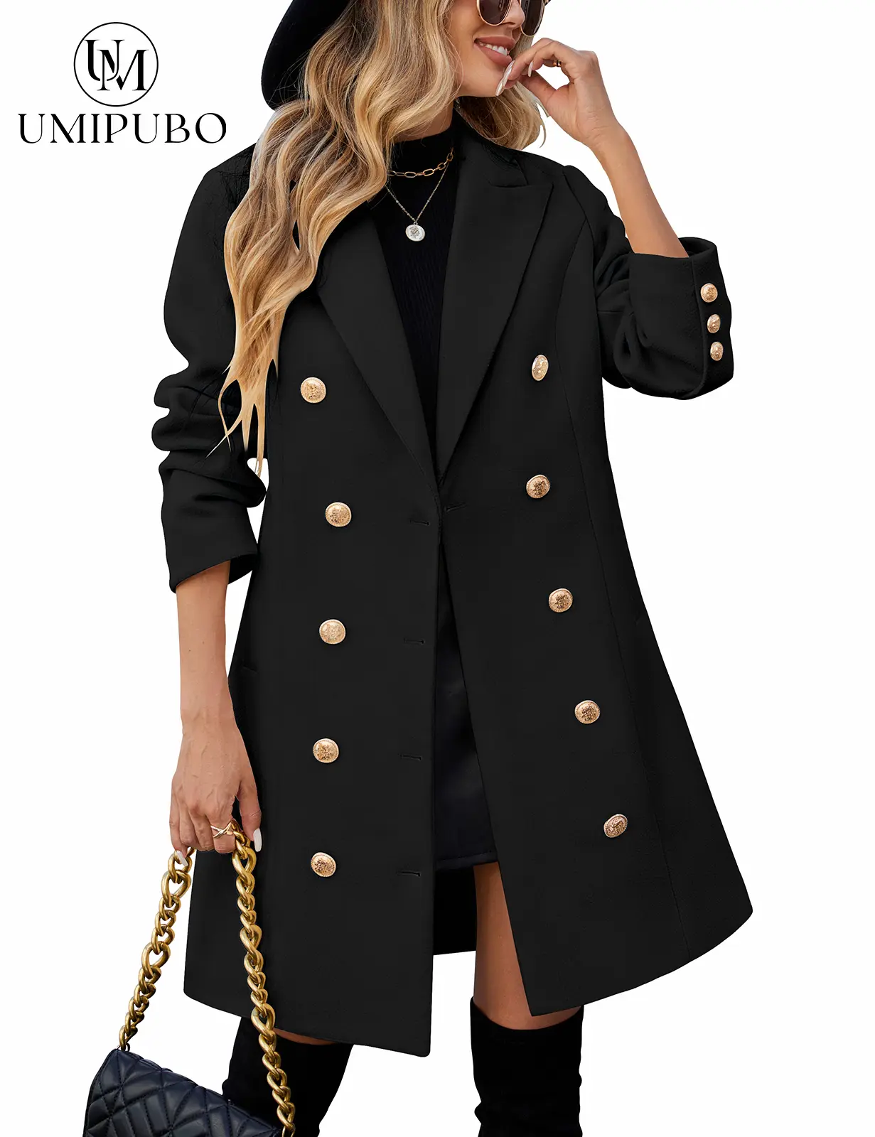 UMIPUBO Women's Double-Breasted Midi Trench Peacoat, Winter Outerwear with Notched Lapel, Elegant Long Coat for Work & Casual Wear, Fitted, Tops