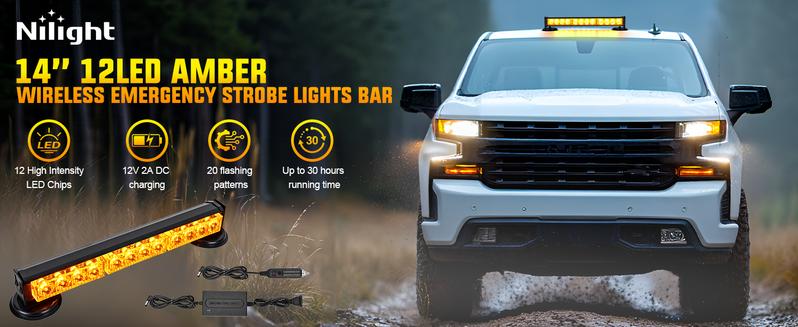 Nilight 12LED Wireless Strobe Light Amber 14 Inch Magnetic Mount Mini Light Bar 12V Rooftop Powered Hazard Work Lights for Car Truck Trailer Snow Plow Construction Vehicles