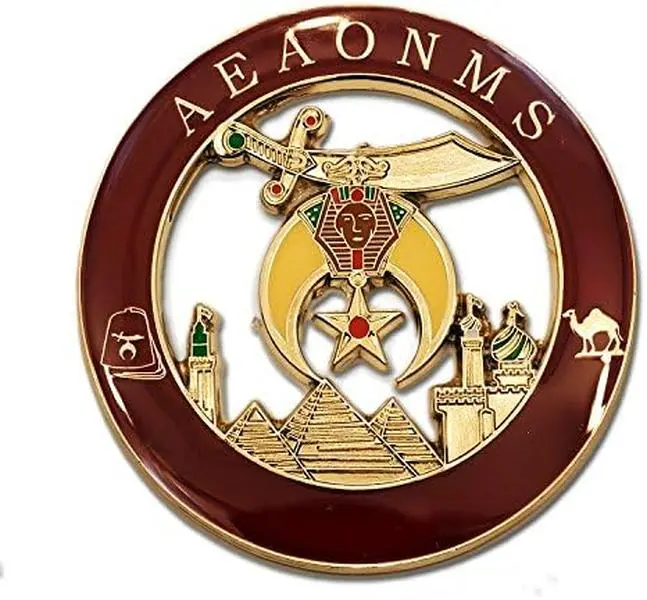 Masonic Round Emblem for Car - Shriner AEAONMS, Raspberry & Gold, 3'' Diameter, Adhesive Stick-On, Glass Surfaces Fashion Accessory, Masonic Theme, Stick-On Easy, Auto Decoration, 3 In, Peel-And-Stick
