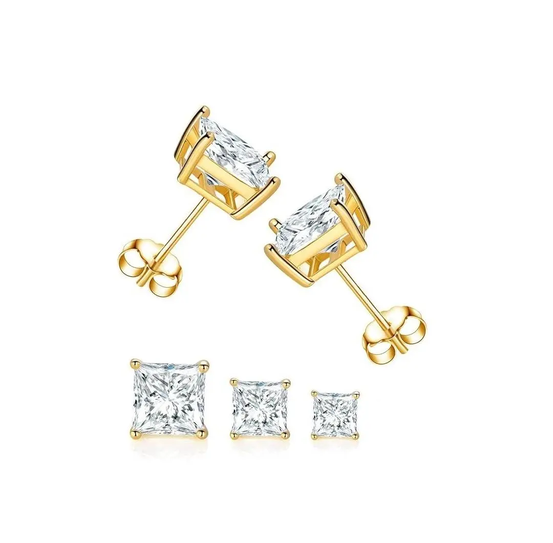 3 Pairs Square Earrings Set for Women Hypoallergenic Cut Clear Cubic Zirconia Fine Stud Earring 5,6,7MM Pack S925 Solitaire Moissanite Earrings Magnetic Unisex Clip-On Princess Earrings Set Hammer Stone Earring