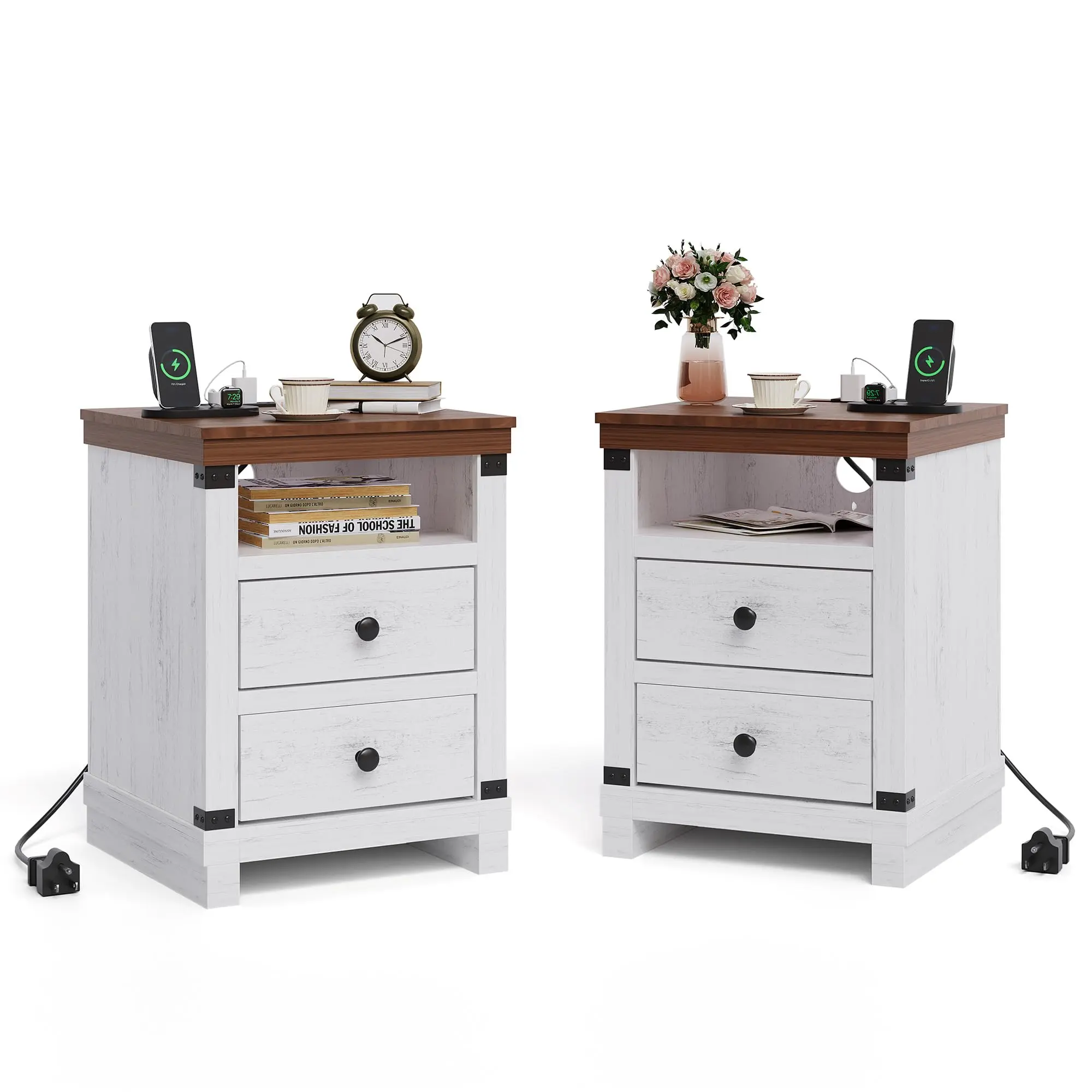 Garvee Set of 2 Farmhouse Nightstand with Charging Station, Modern Bedside End Table with 2 Drawers, USB Ports & Power Outlets, Accent Side Table for Bedroom or Living Room- White