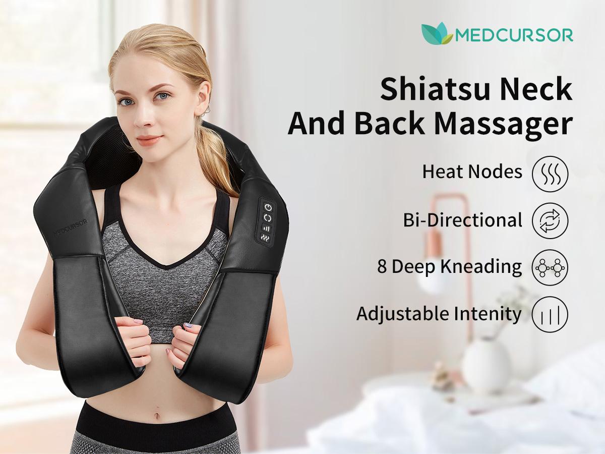 Medcursor Neck & Shoulder Massager with Heat Shiatsu 16 Deep-Kneading Nodes Adjustable Intensity Portable for Muscle Relaxation Ideal Christmas Gift