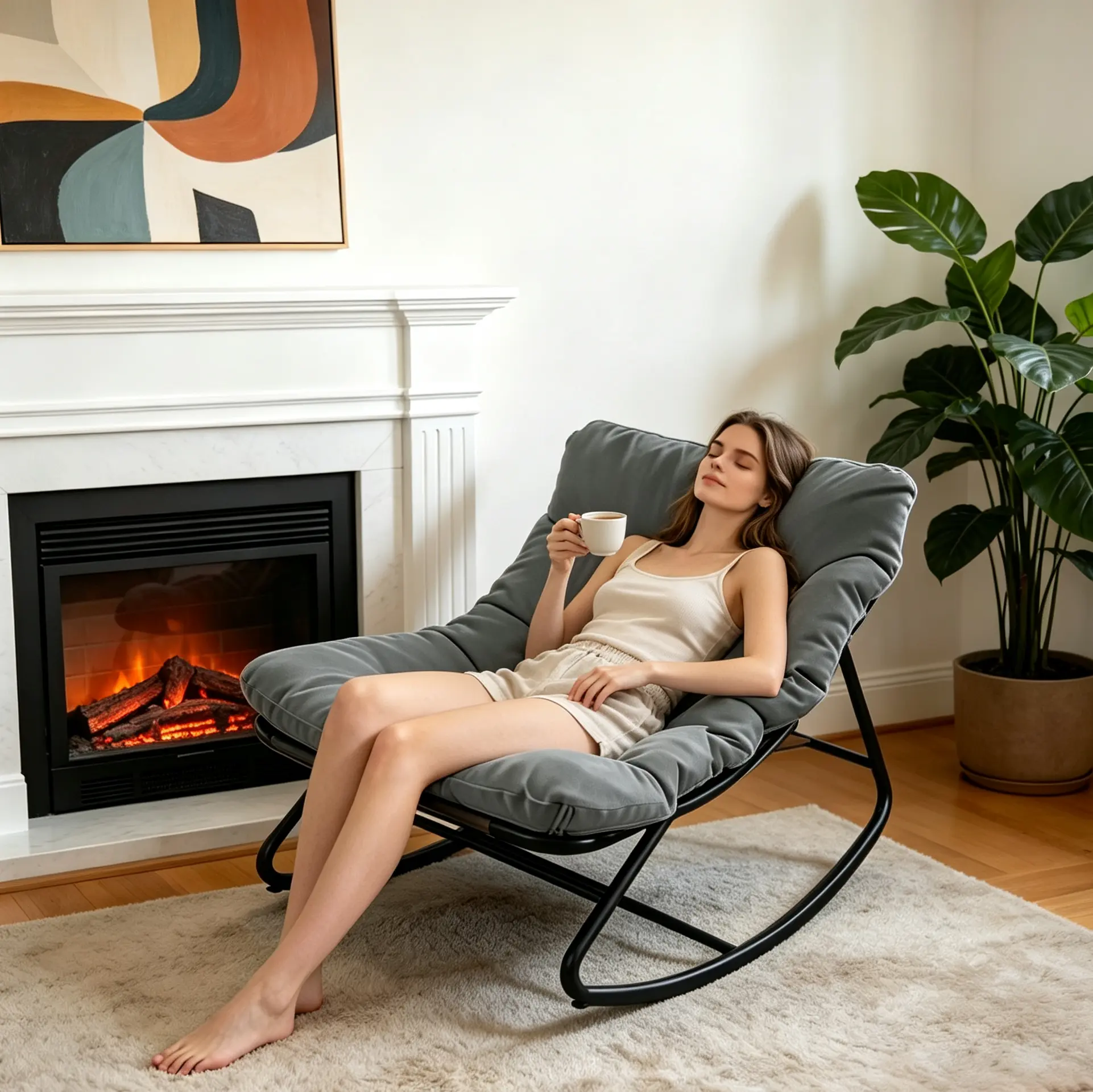 Gray Oversized Papasan Rocking Chair with Plush Cushion, Stable 350 Lbs Lounge Rocker, Indoor Outdoor Chair for Bedroom Balcony Garden Lawn