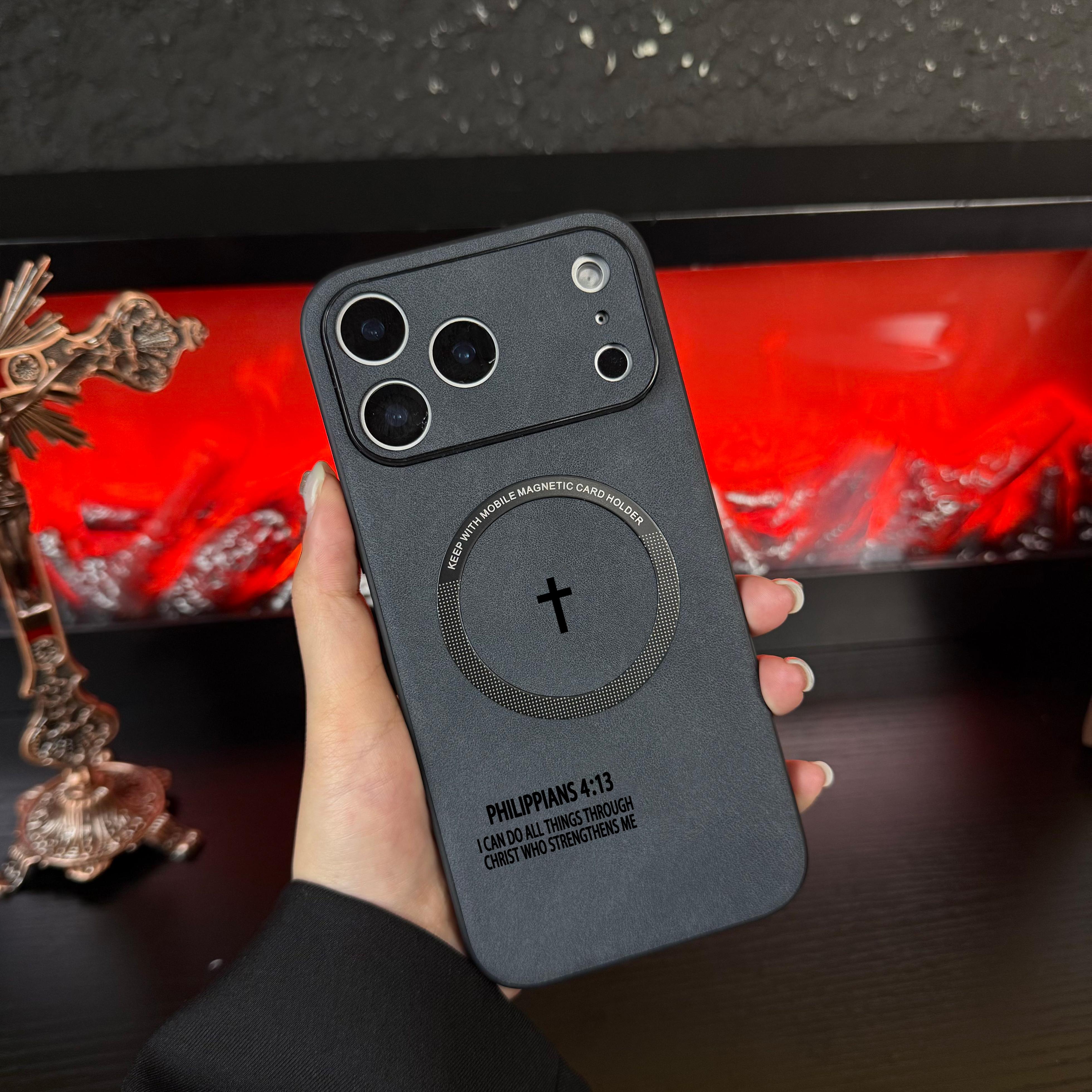 Philippians 4:13 High end leather magnetic phone case suitable for iPhone 17 Air 16 15 14 13 12 Pro Max Plus, supports magsafe charging, feels comfortable to the touch, fully wrapped anti drop and anti slip phone case-ZQ60