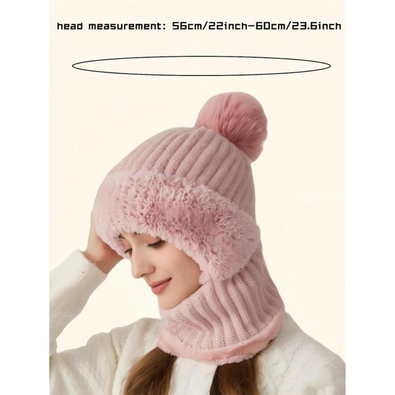 Women's Solid Color Pom Pom Decor Beanie Hat, Casual Warm Thickened Knit Hat for Fall & Winter, Fashion Accessories for Women & Girls Bonnet With Bunny Ears Bonnet