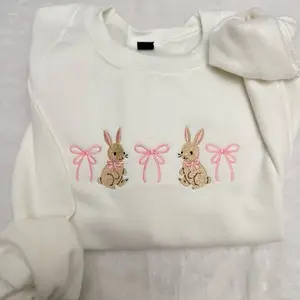 [MADE IN US] Cute Dainty Coquette Easter Bunnies Sweatshirt, Embroidered Sweatshirt Easter Bunnies, Cute Gift For Friend, Holiday Shirt