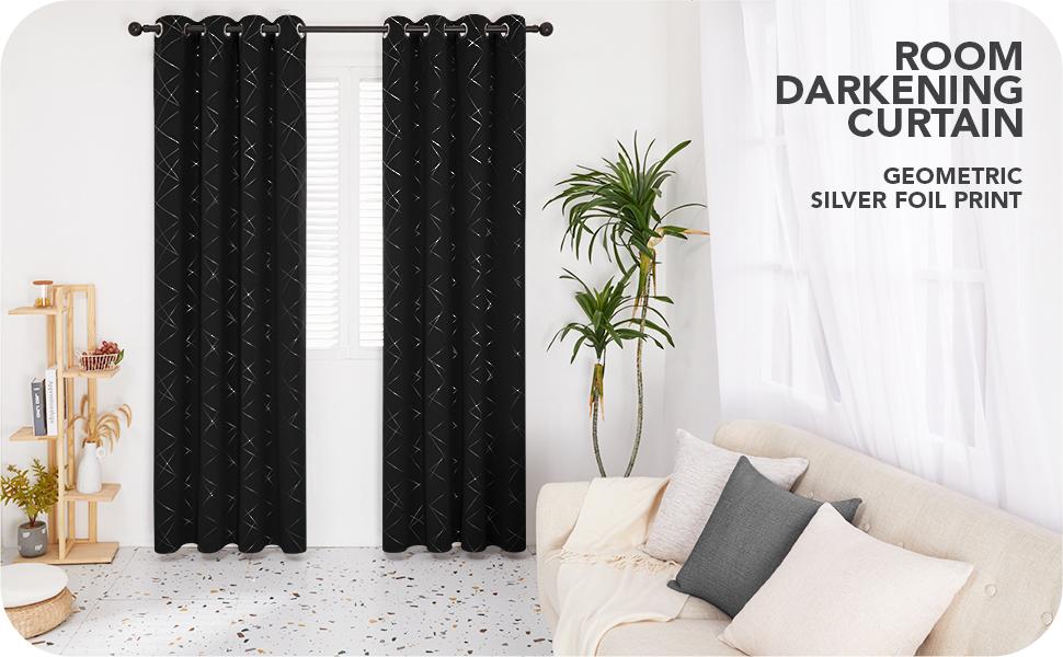 Deconovo Blackout Curtains Silver Parallel Slash Thermal Insulated Noise Reducing Privacy Drapes for Bedroom & Living Room Black Patterned Grommet Top