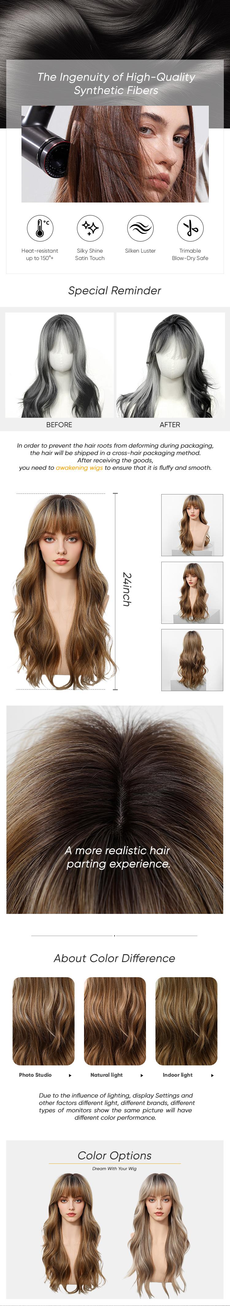 Loni C-DWY New Color 24-Inch Long Wave Light Brown Glueless Synthetic Wig with Bangs for Women High-Quality Premium Fiber Easy Wear Comfortable Fit