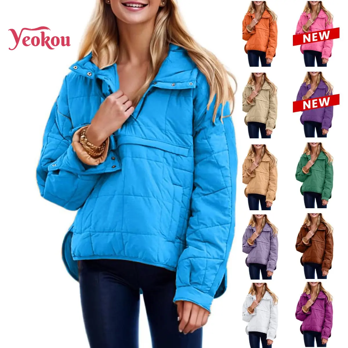 Yeokou Women's Oversized Hooded Quilted Puffer Jacket - Nylon Fabric, Snap Button, Foldable, Lightweight Long Sleeve Minimalist Cowl Pullover, Winter Warm Casual Outerwear for Street Style, Valentine's Day