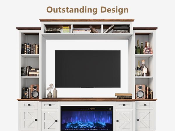 [Ships in 3 Boxes] AMERLIFE 98in Farmhouse Wall Unit TV Stand with 36" Fireplace, Bookshelves, Wine Cabinet, Fits 78" TVs, Large Entertainment Center with Power Outlets & Drawers, Media Console, Living Room/Best Gift Ideas/Christmas Gifts