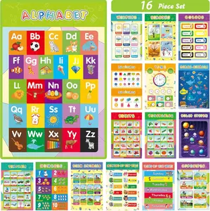 16 Laminated Educational Posters For Toddlers, Preschool Posters for Classroom, Kindergarten Wall Decor, PreK Learning Materials Alphabet Number Chart