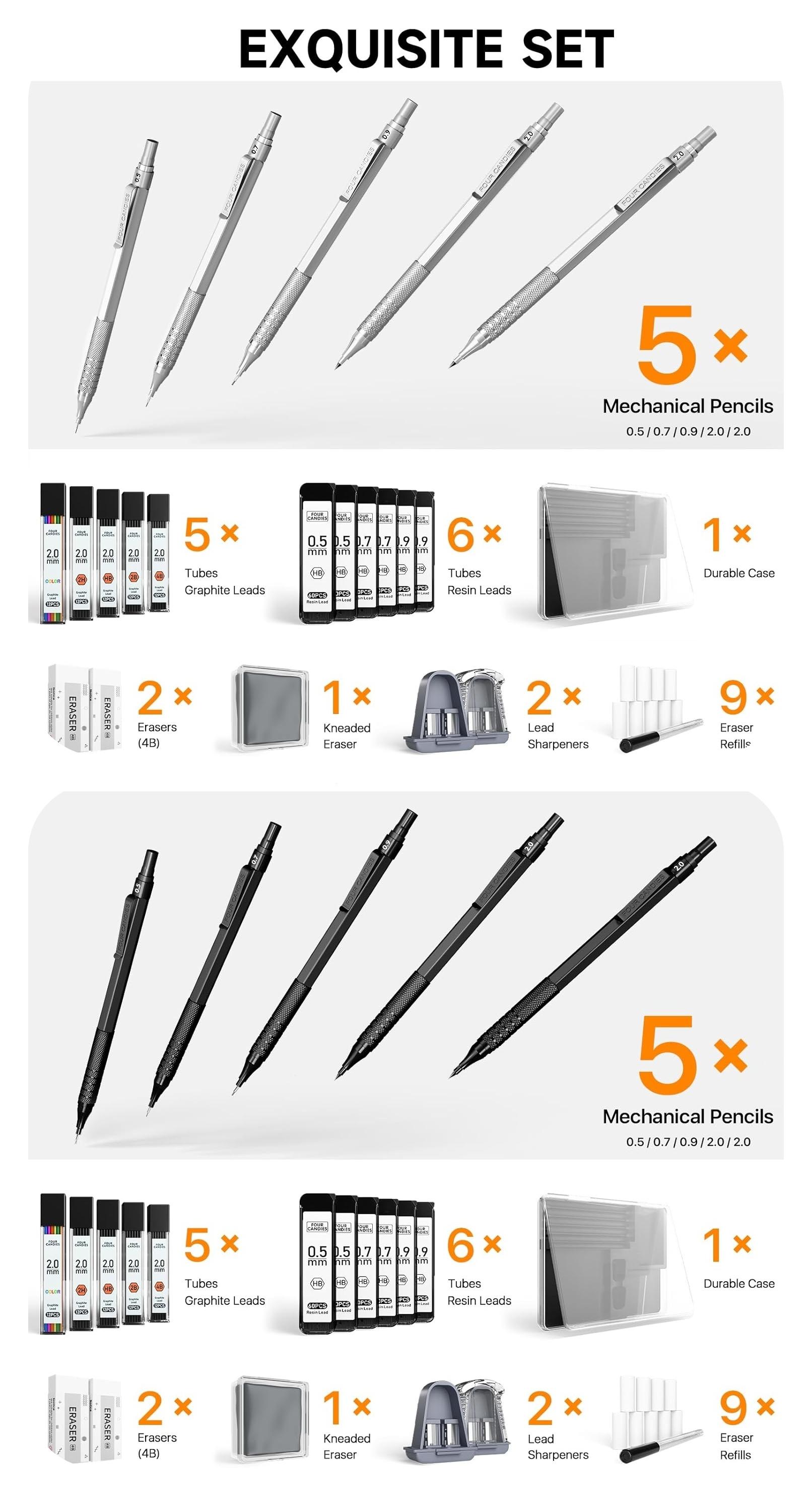 Four Candies Back to School 5PCS Metal Art Mechanical Pencil Set 3PCS Drafting Pencils 0.5 0.7 0.9MM & 2PCS 2MM with 420PCS Leads for Writing Sketching Drawing School Stationery Set